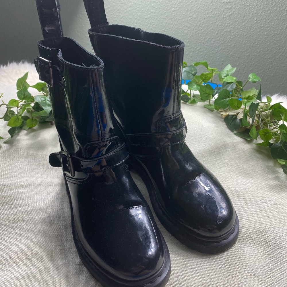 Dr. Martens Black Gloss Patent Leather Buckle Ankle Boots